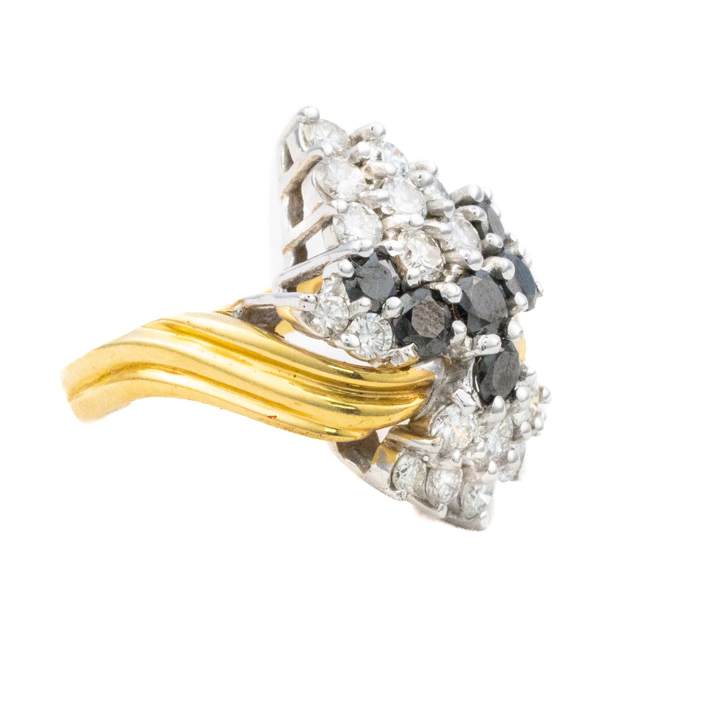 Two Tone Gold White and Black Diamond Cluster Ring