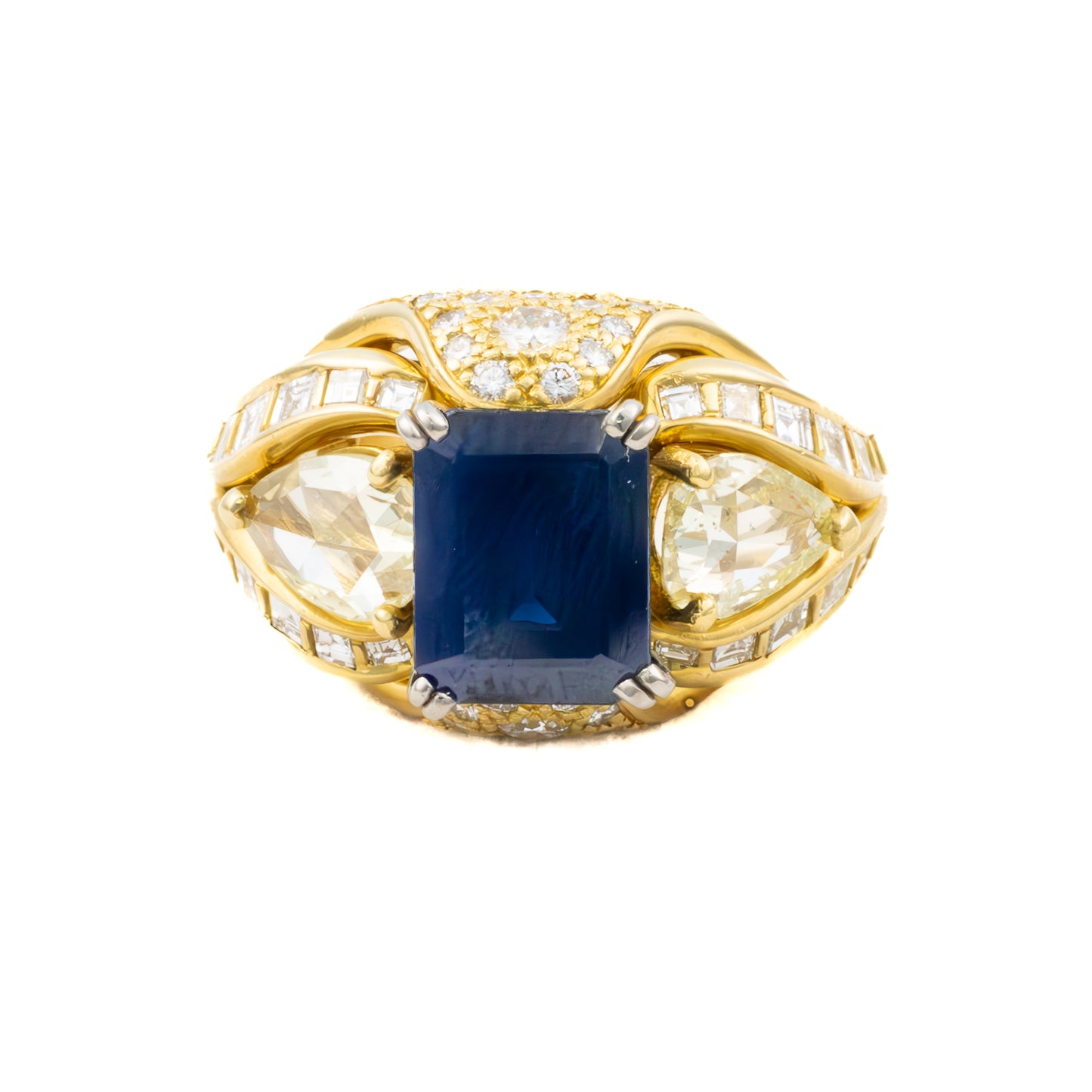 Multi Cut Diamond and Emerald Cut Sapphire Dome Ring