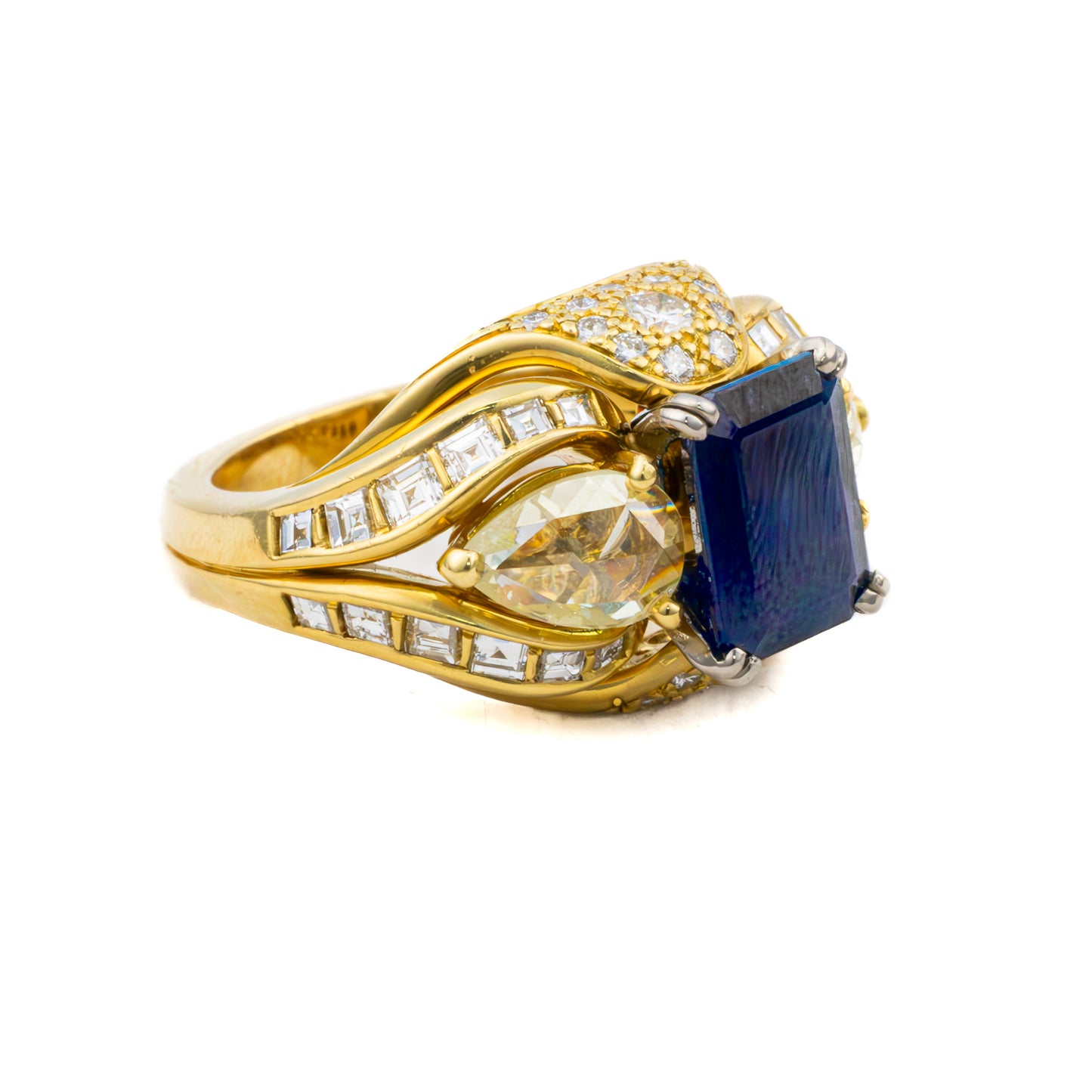 Multi Cut Diamond and Emerald Cut Sapphire Dome Ring