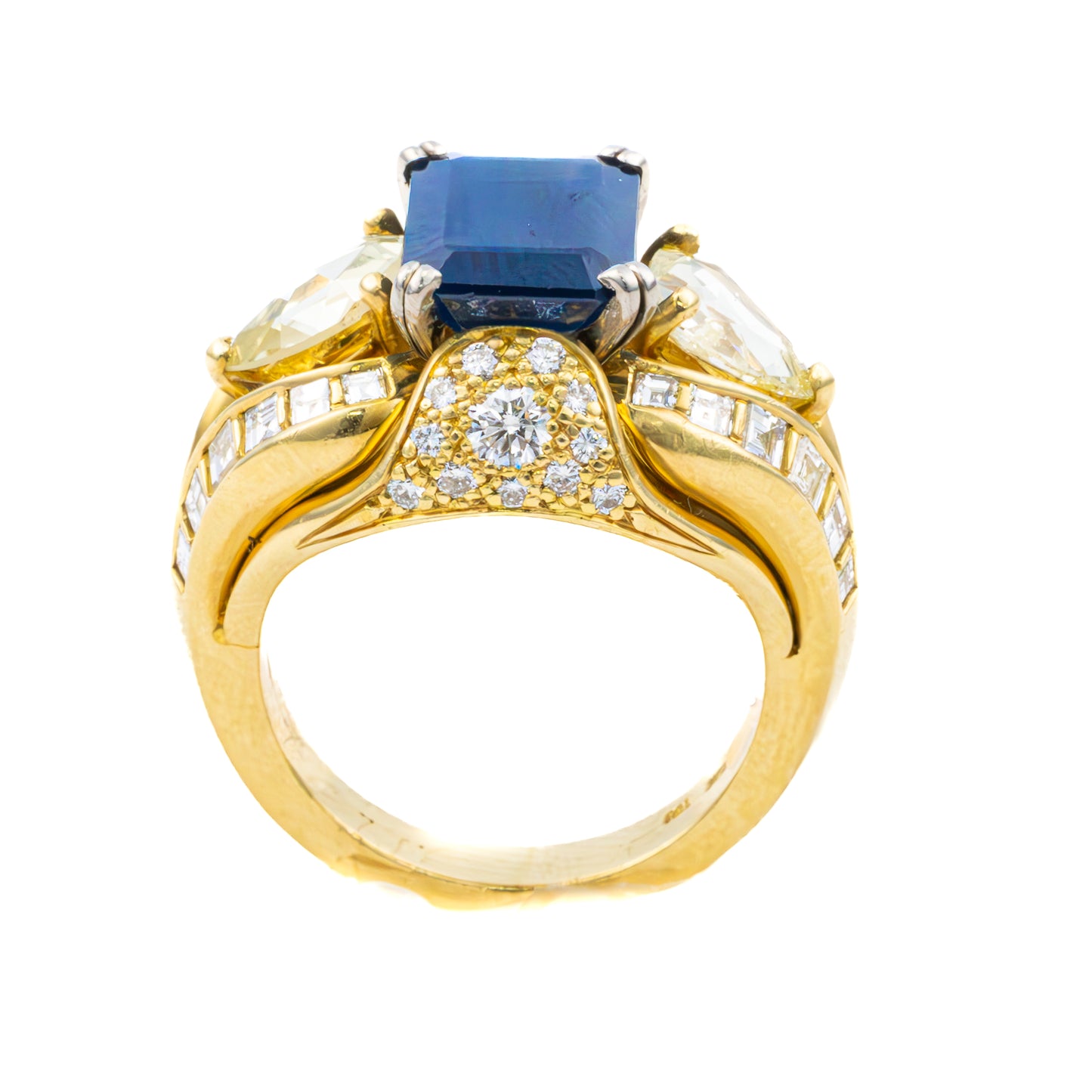 Multi Cut Diamond and Emerald Cut Sapphire Dome Ring