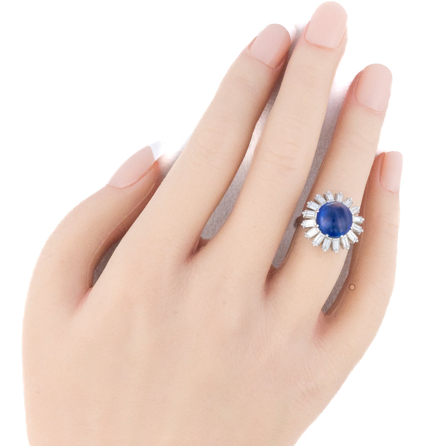 Cabochon Sapphire and Diamond Baguette Halo Ring