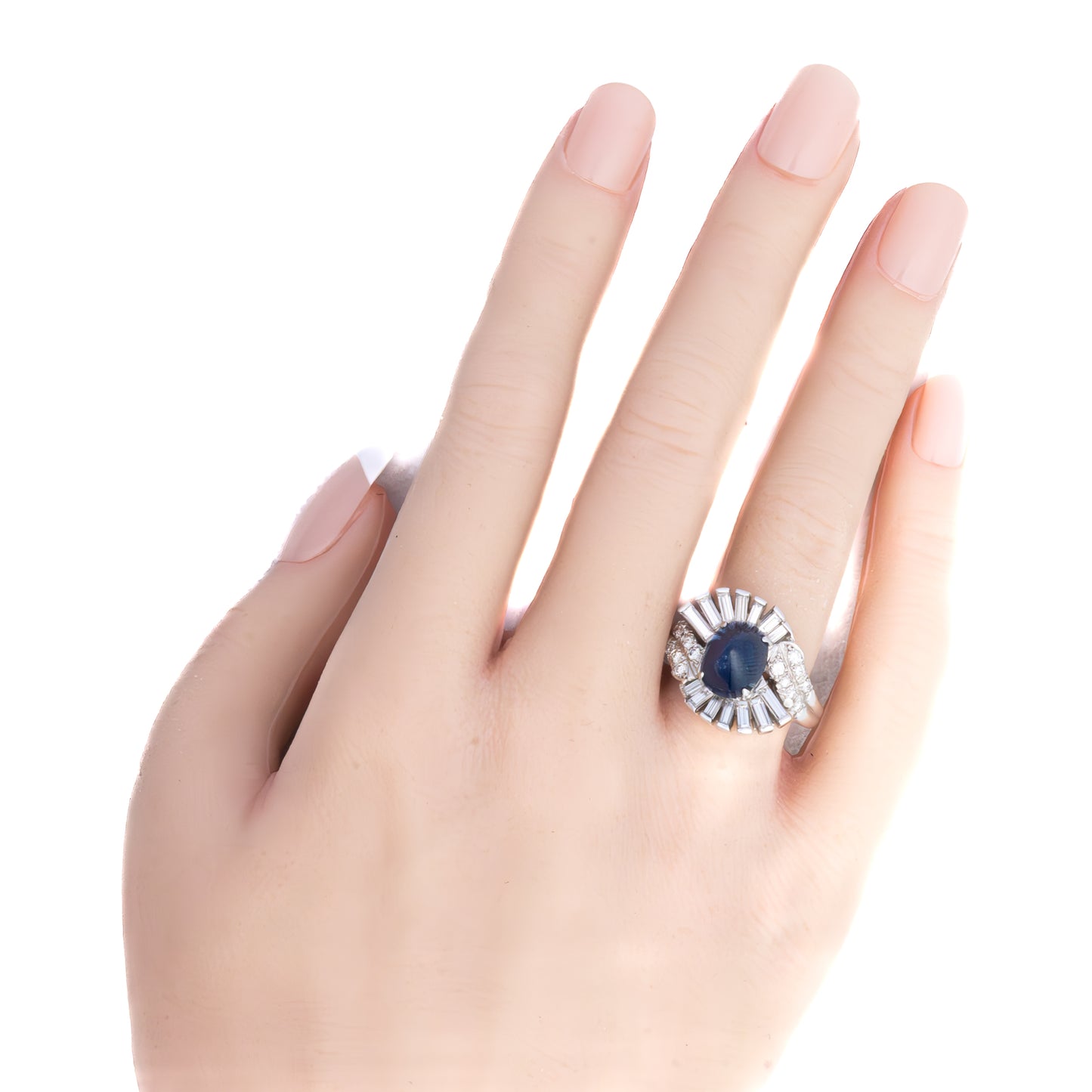 Platinum Cabochon Sapphire and Diamond Wave Ring