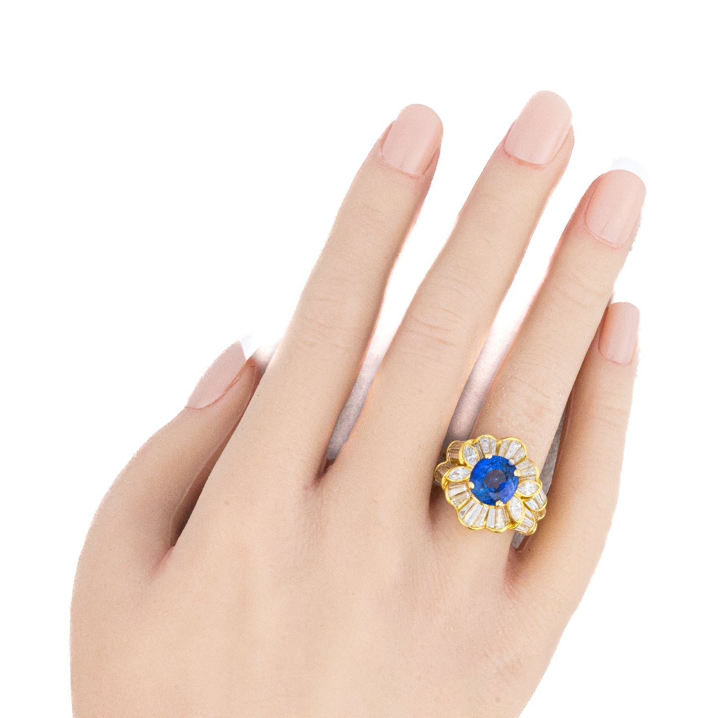 Ceylon Sapphire and Baguette & Marquise Cut Diamond Ring