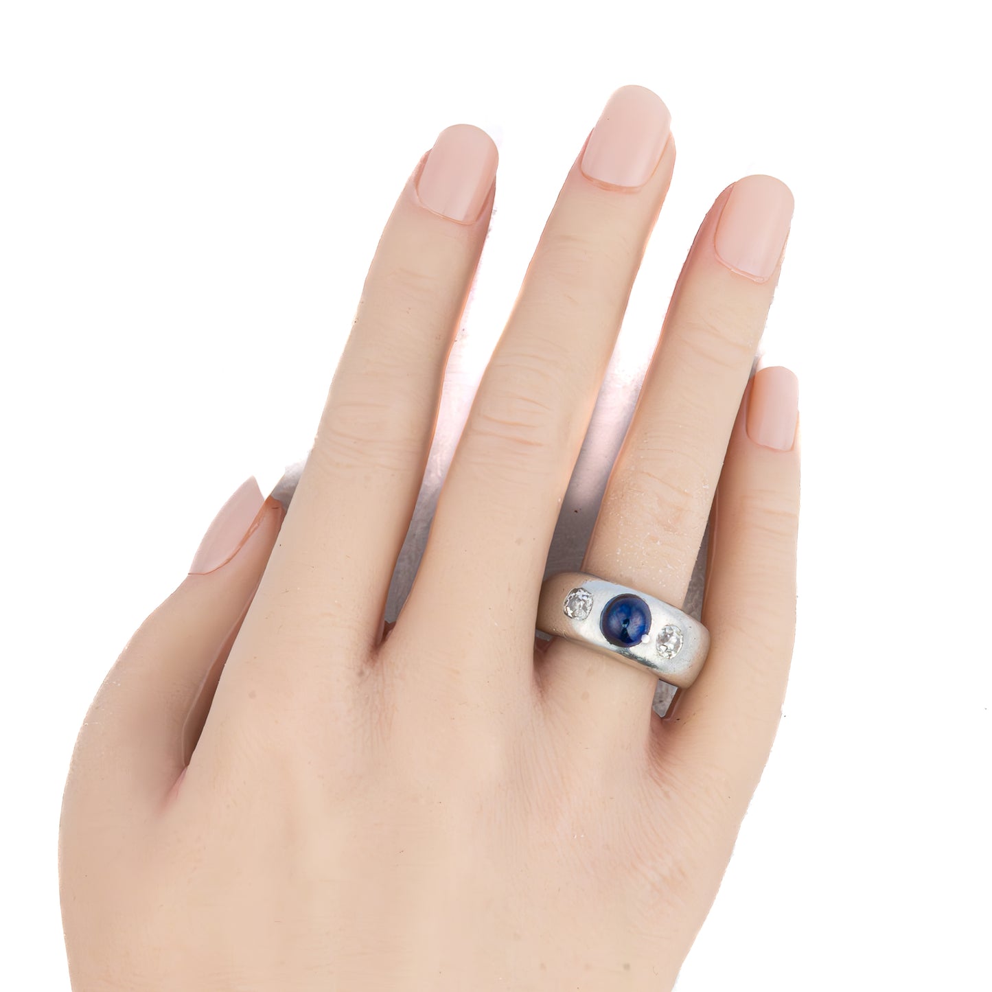 Platinum Cabochon Sapphire and Diamond Three Stone Gypsy Ring