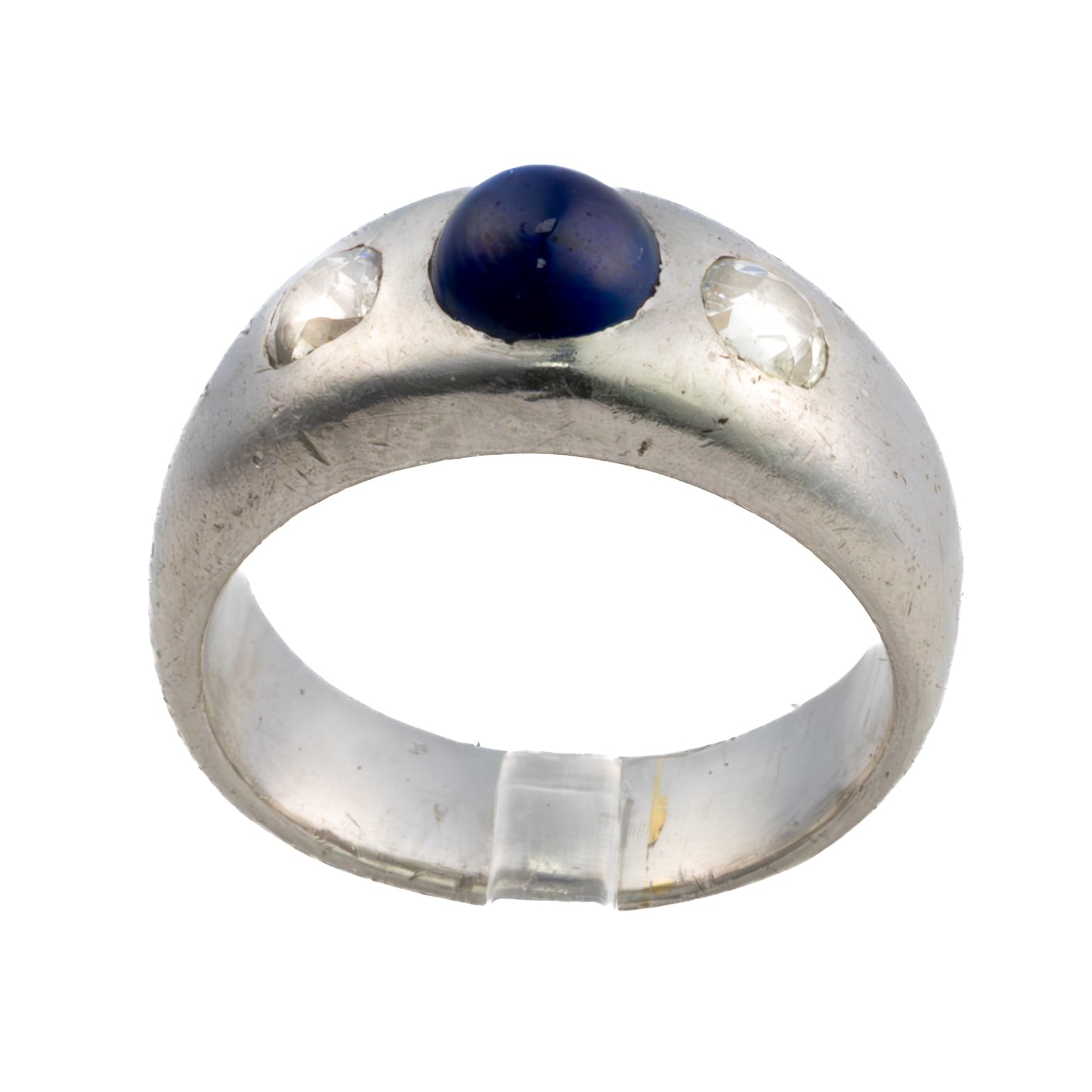 Platinum Cabochon Sapphire and Diamond Three Stone Gypsy Ring