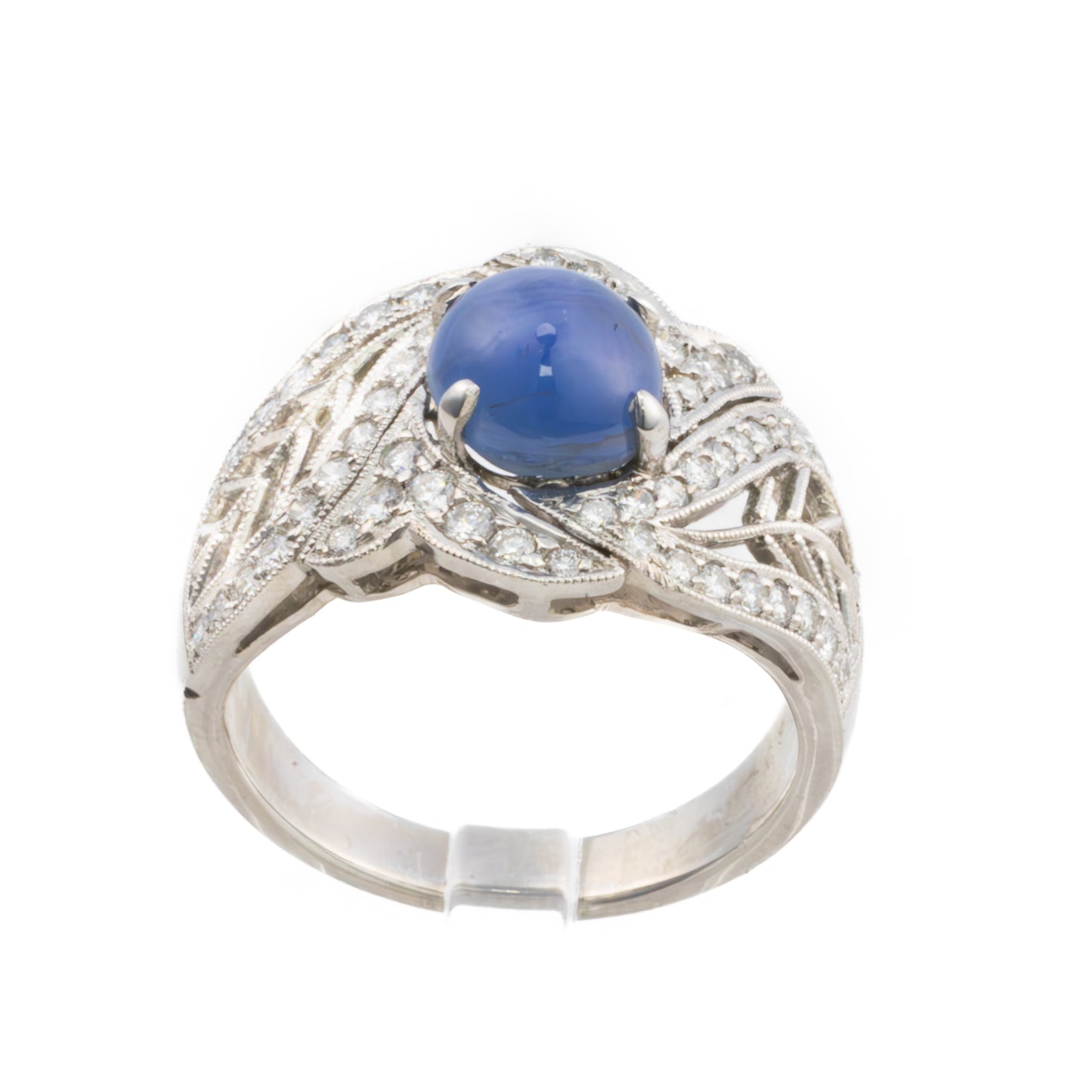 Platinum Diamond and Star Sapphire Open Filigree Ring