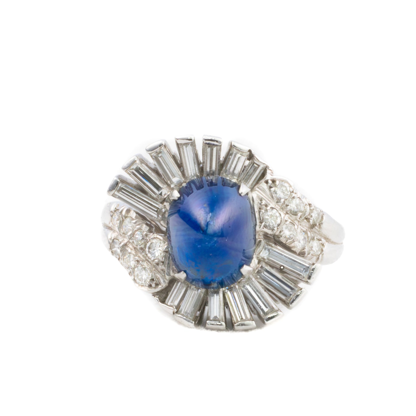 Platinum Cabochon Sapphire and Diamond Wave Ring