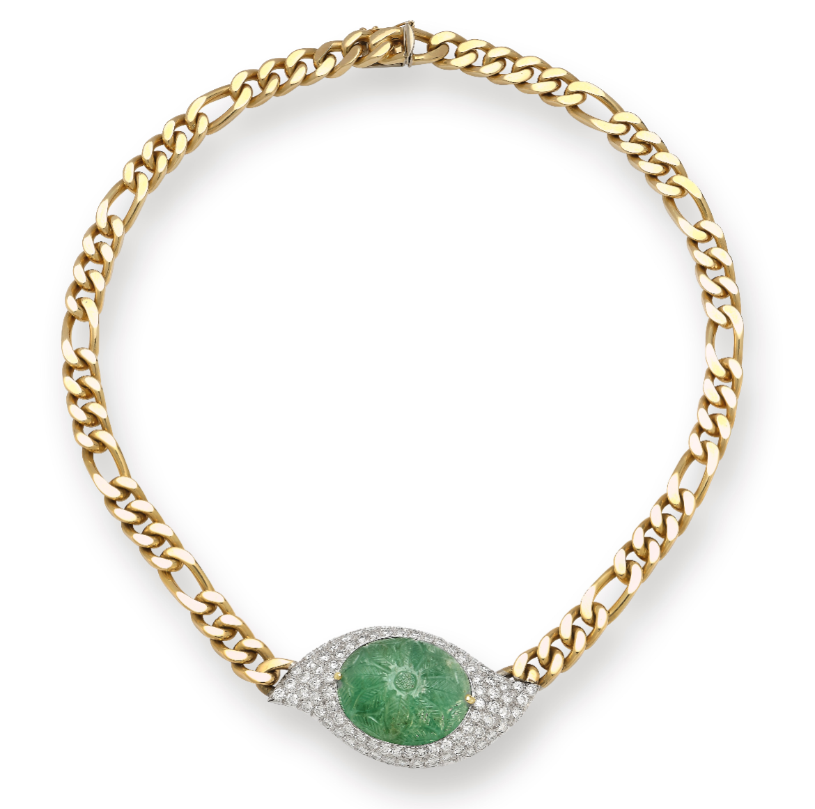 Carved Emerald & Diamond Link Necklace