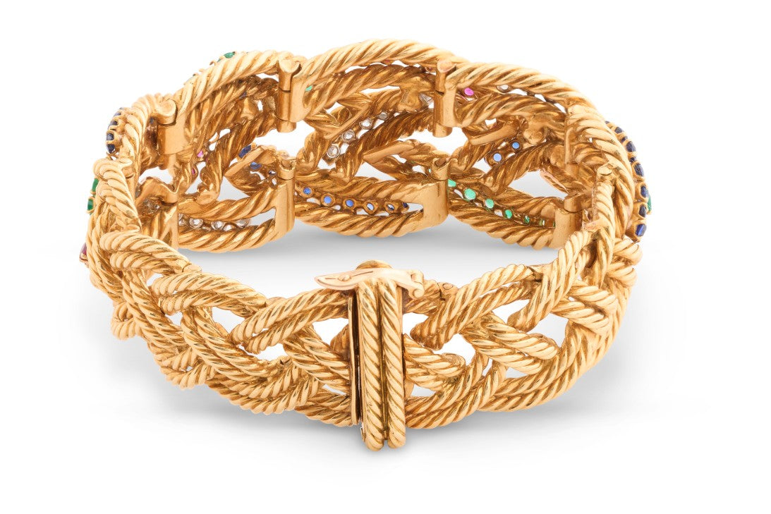Boucheron Multigem and Diamond Braided Gold Bracelet