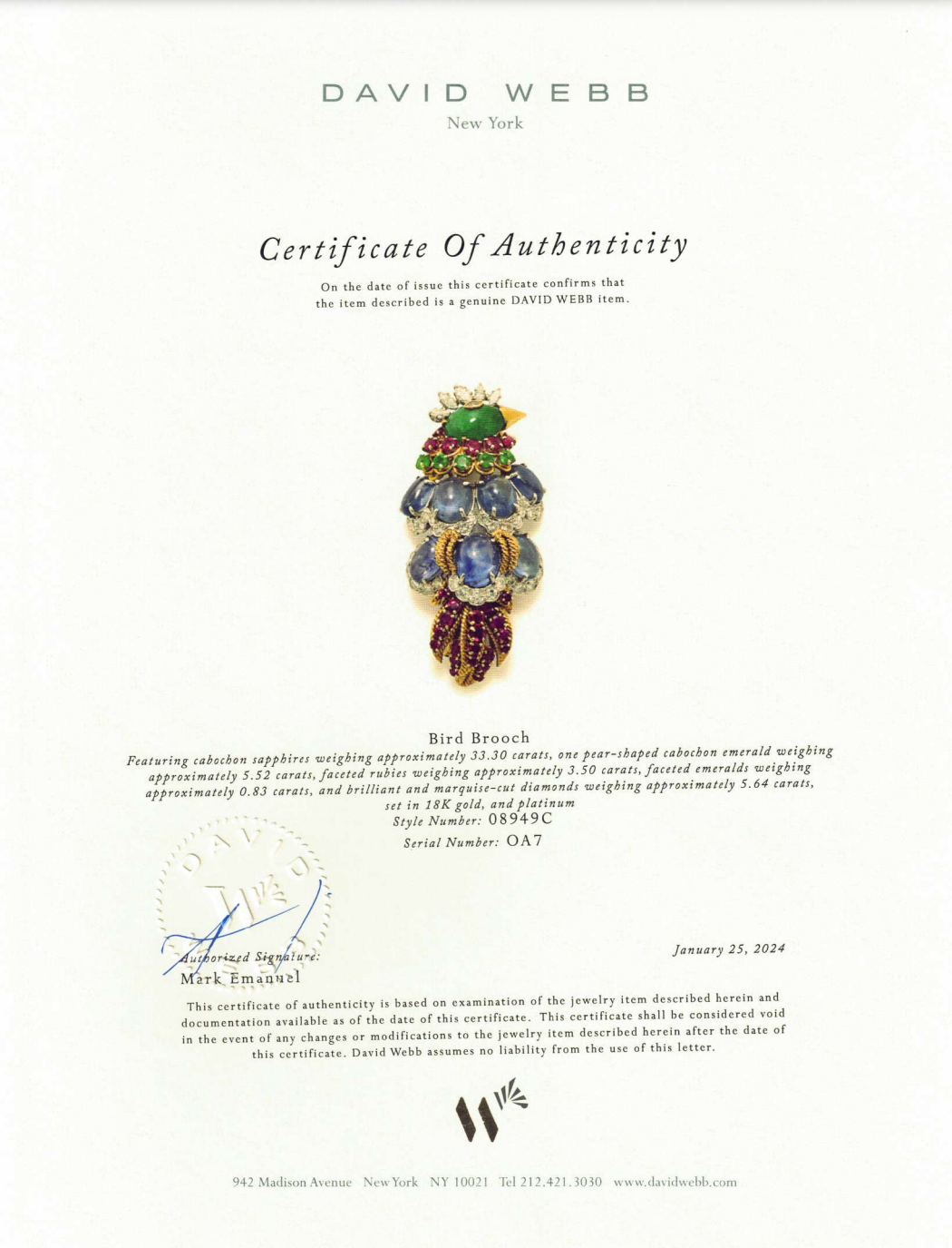 David Webb Peacock Emerald, Sapphire Ruby Diamond Brooch