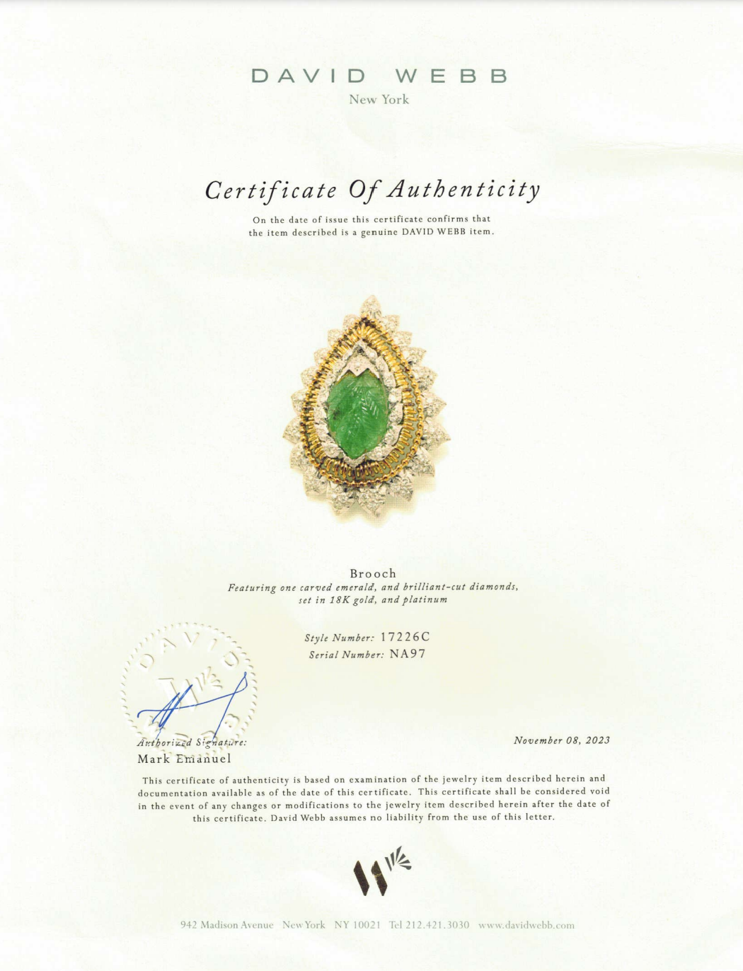 David Webb Emerald and Diamond Brooch