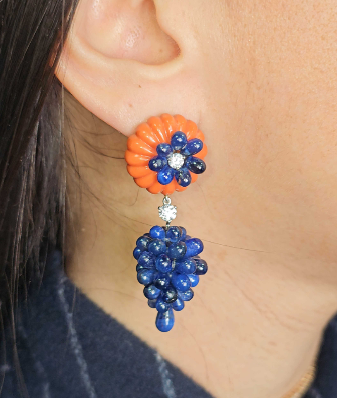 Carvin French Carved Coral, Sapphire & Diamond Earrings