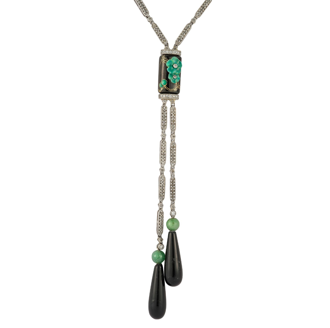 Diamond, Onyx, and Jade Drop Necklace