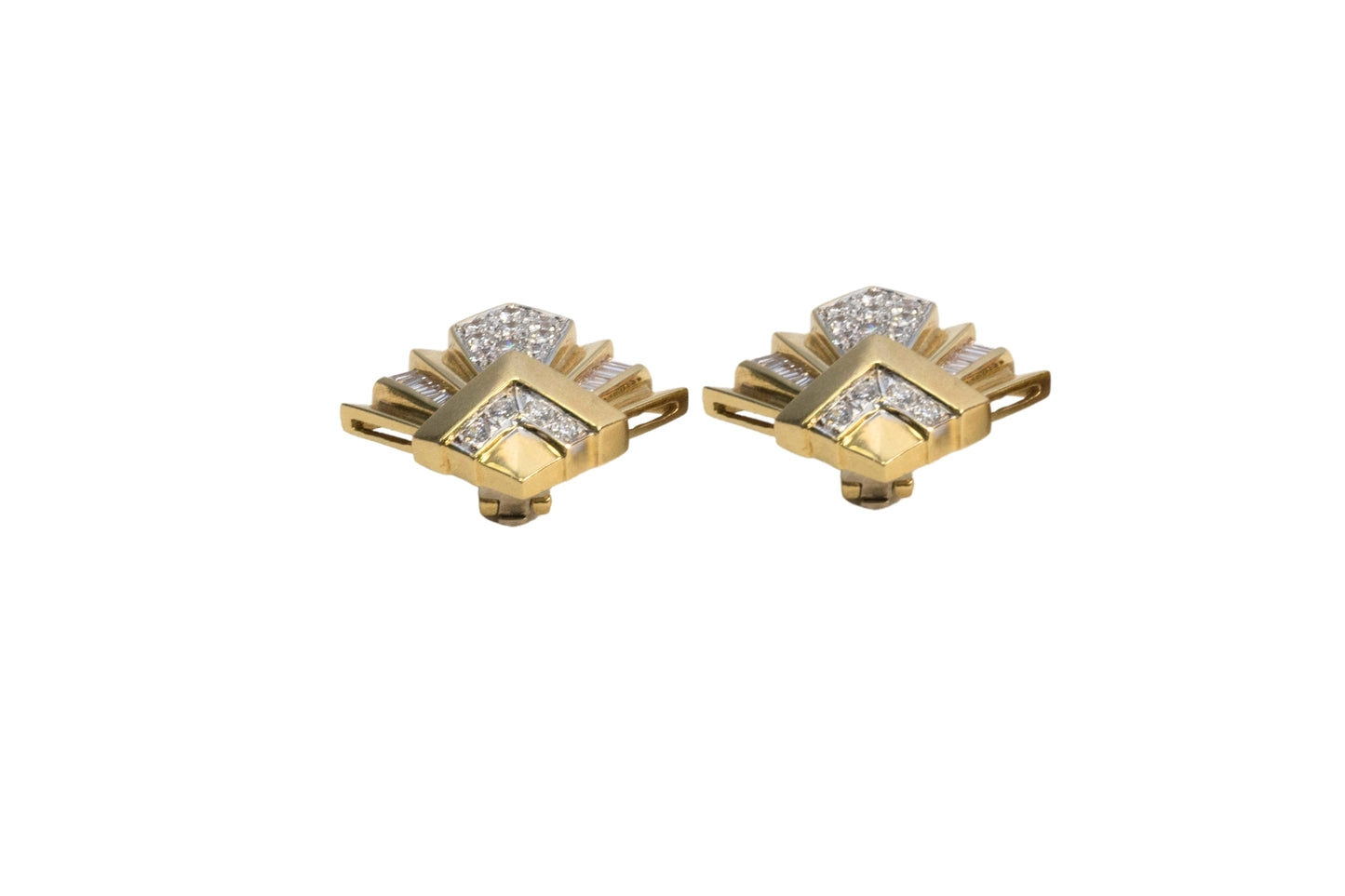 Yellow Gold Round & Baguette Diamond Clip On Earrings