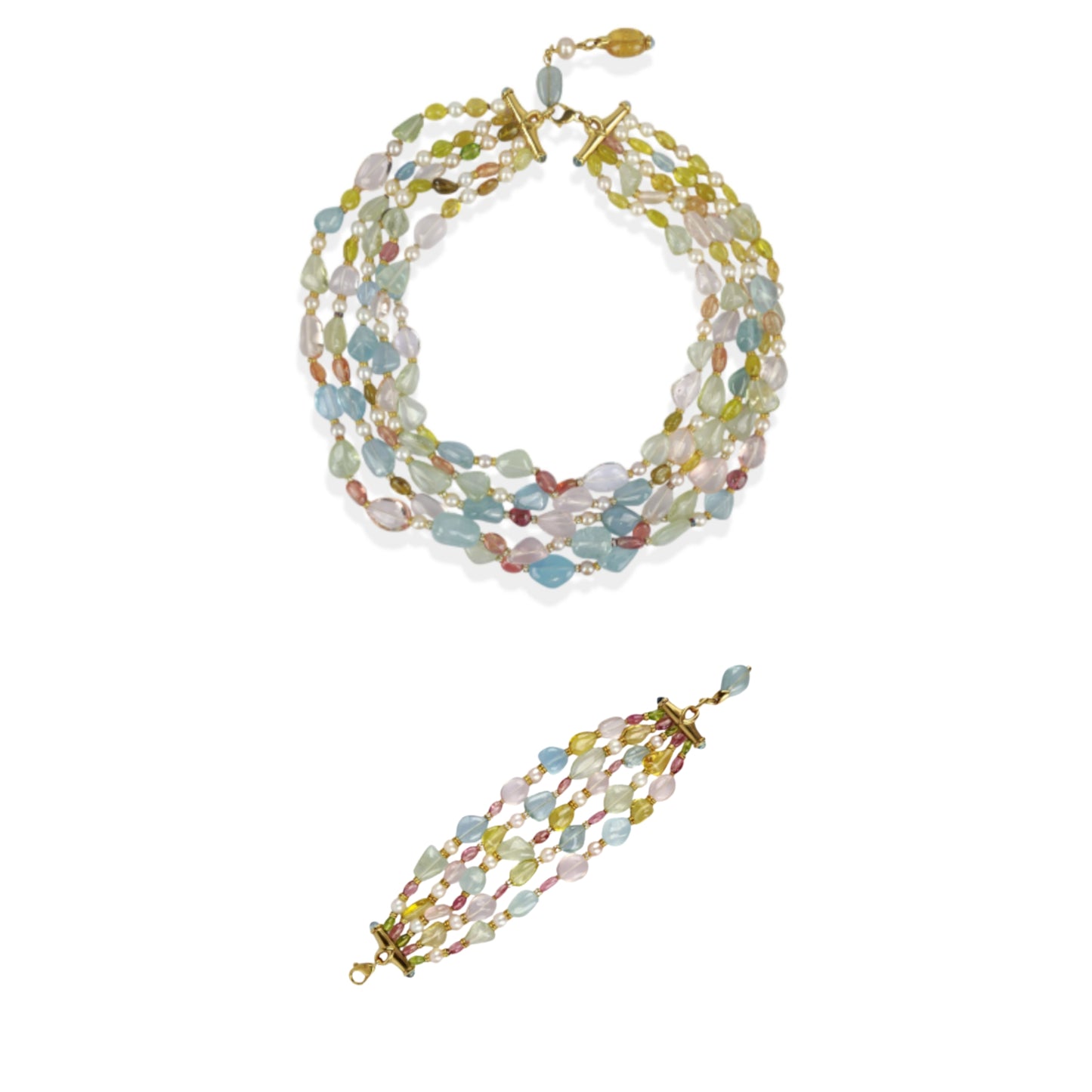 Bulgari Multi-Gemstone and Pearl Beaded Necklace and Bracelet Set