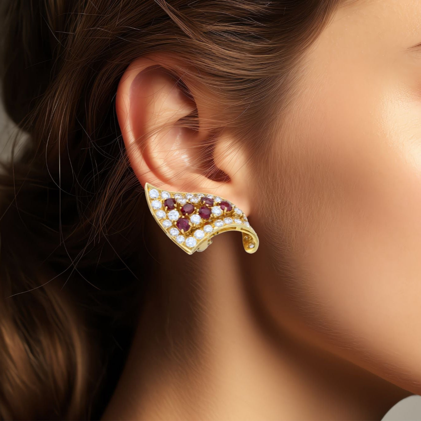 Ruby and Diamond Gold Clip-On Earrings