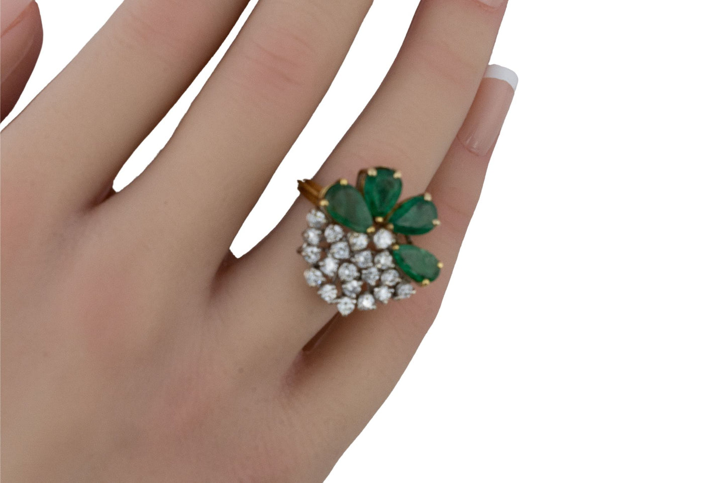 Diamond and Pear Shape Emerald Flower Cluster Ring
