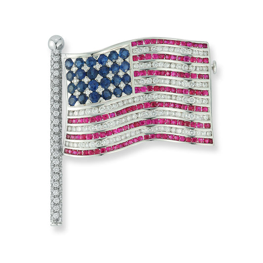 White Gold Gem-Set American Flag Brooch