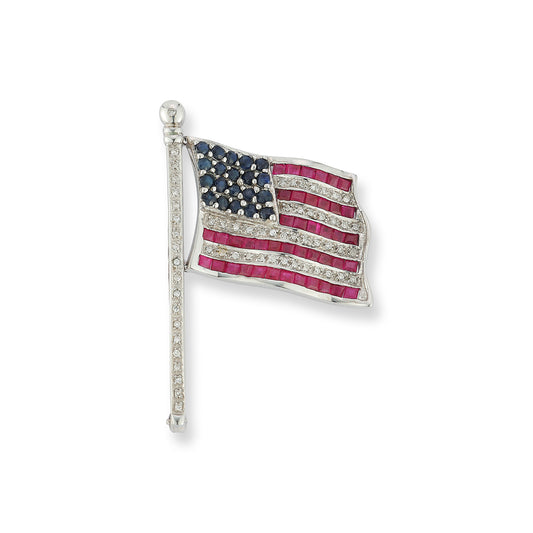 White Gold Mechanical Waving American Flag Brooch