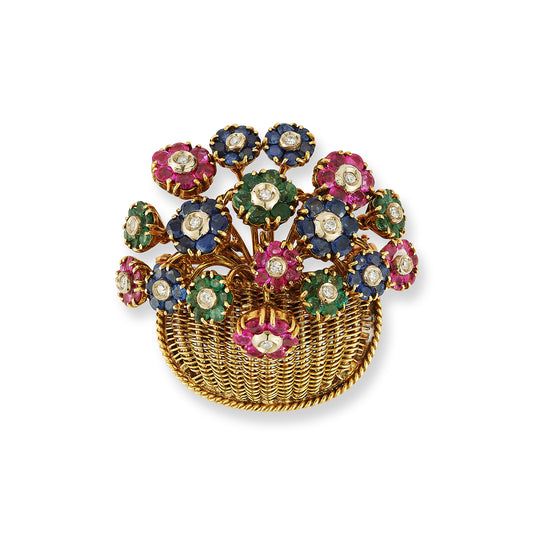 Tiffany & Co. 18K Yellow Gold Multi-Gemstone Flower Basket Brooch