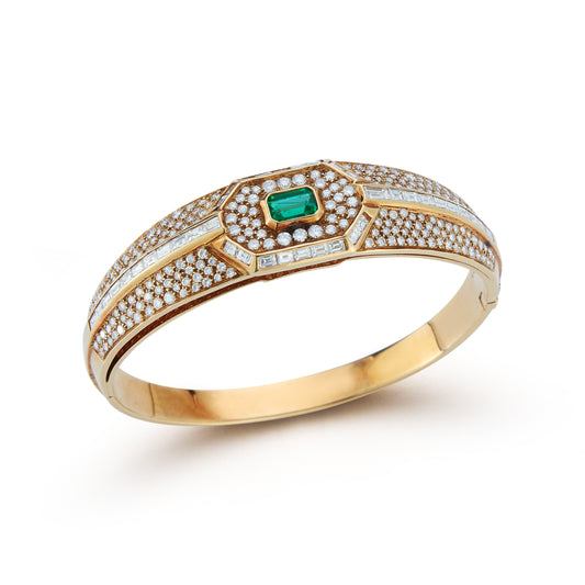 Yellow Gold Diamond and Emerald Bangle