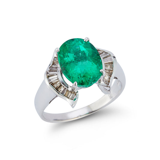 Oval Emerald and Baguette Diamond Horseshoe Bypass Ring