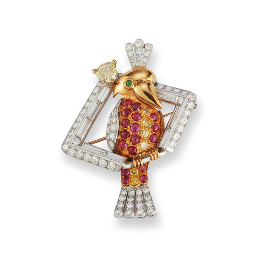 Diamond and Ruby Parrot Brooch