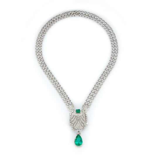 Emerald And Diamond Pear Shape Drop Necklace