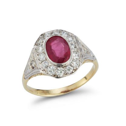 Art Deco Ruby and Diamond Octagonal Halo Ring