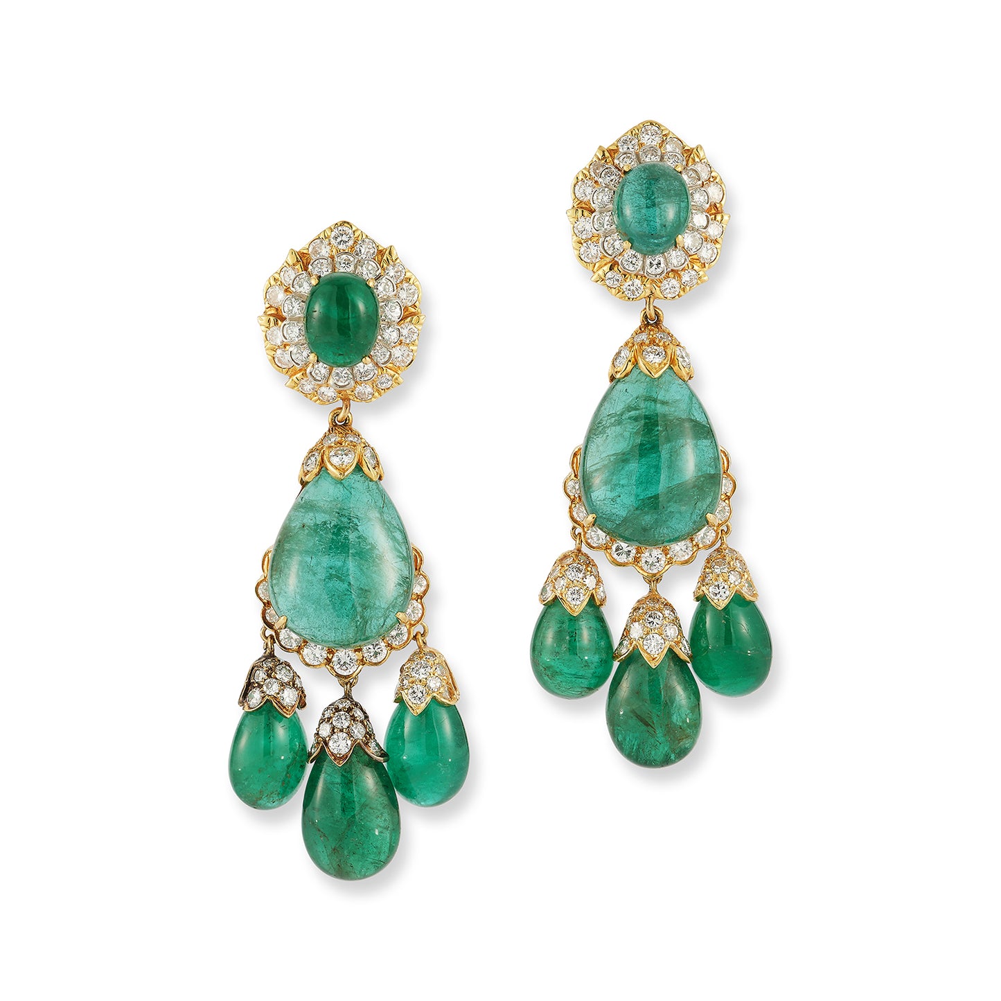David Webb Pair of Emerald and Diamond Pendent Ear Clips
