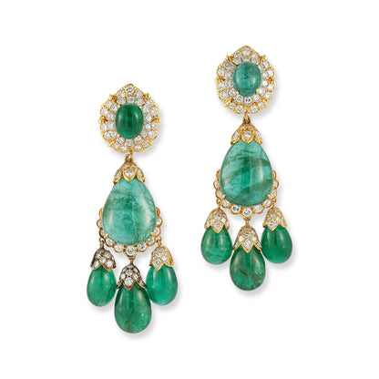 David Webb Pair of Emerald and Diamond Pendent Ear Clips