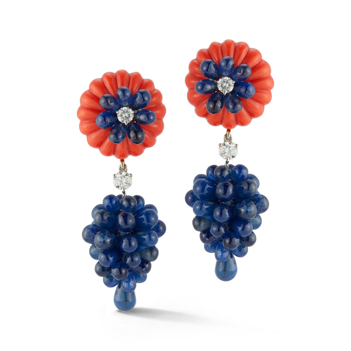 Carvin French Carved Coral, Sapphire & Diamond Earrings