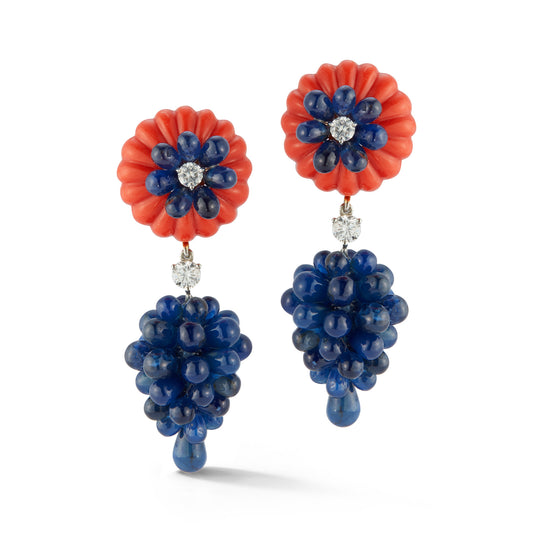 Carvin French Carved Coral, Sapphire & Diamond Earrings