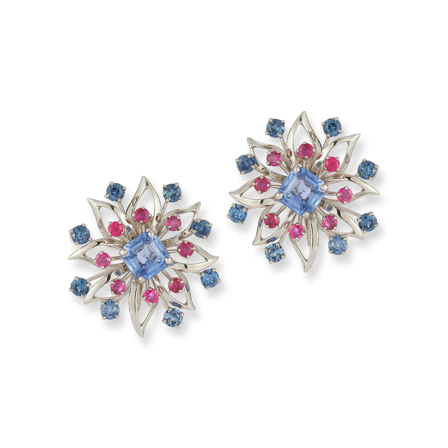 Cartier Platinum Sapphire & Ruby Floral Earrings