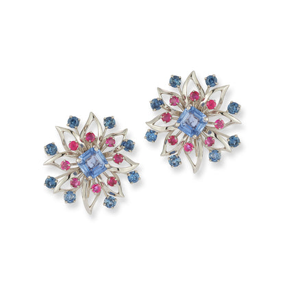 Cartier Platinum Sapphire & Ruby Floral Earrings