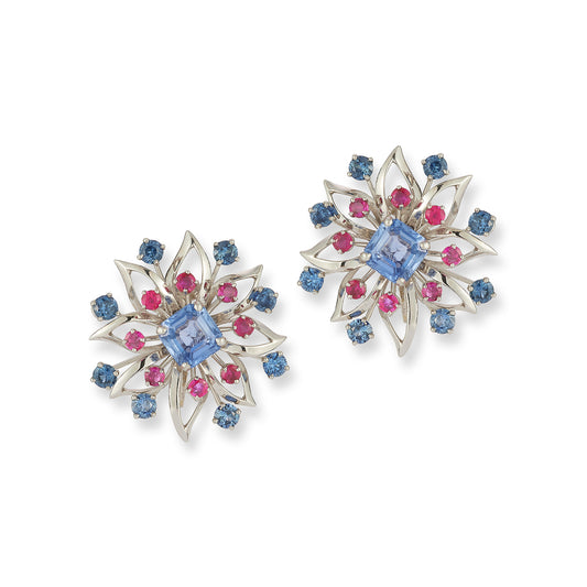 Cartier Platinum Sapphire & Ruby Floral Earrings