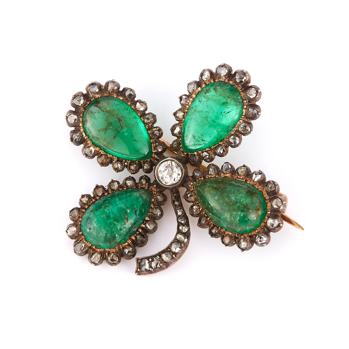 Victorian Cabochon Emerald Four Leaf Clover Brooch