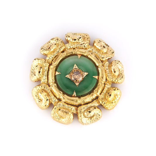 David Webb Carved Jade & Diamond Disc Brooch