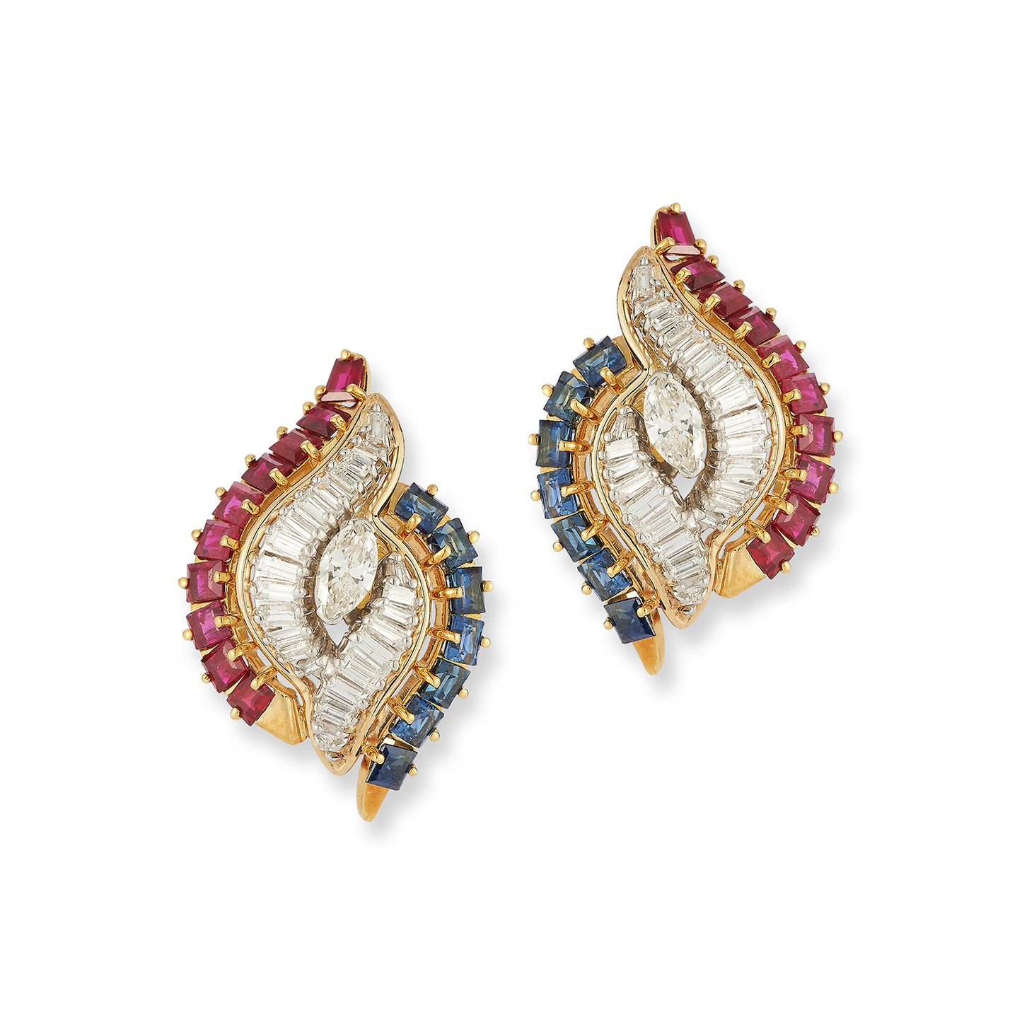 Marquise Diamond, Sapphire, and Ruby Swirl Clip-On Earrings
