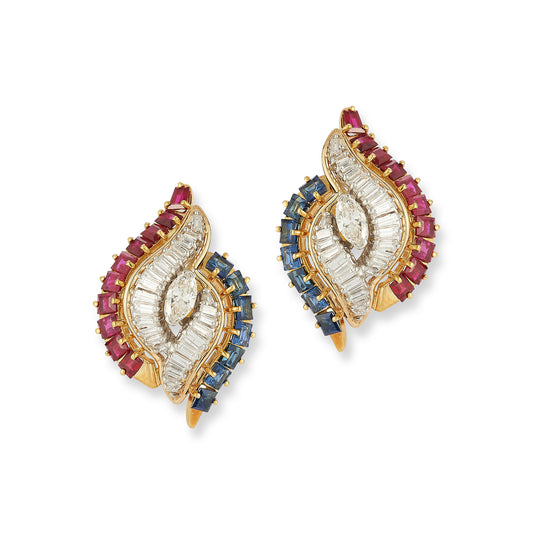 Marquise Diamond, Sapphire, and Ruby Swirl Clip-On Earrings