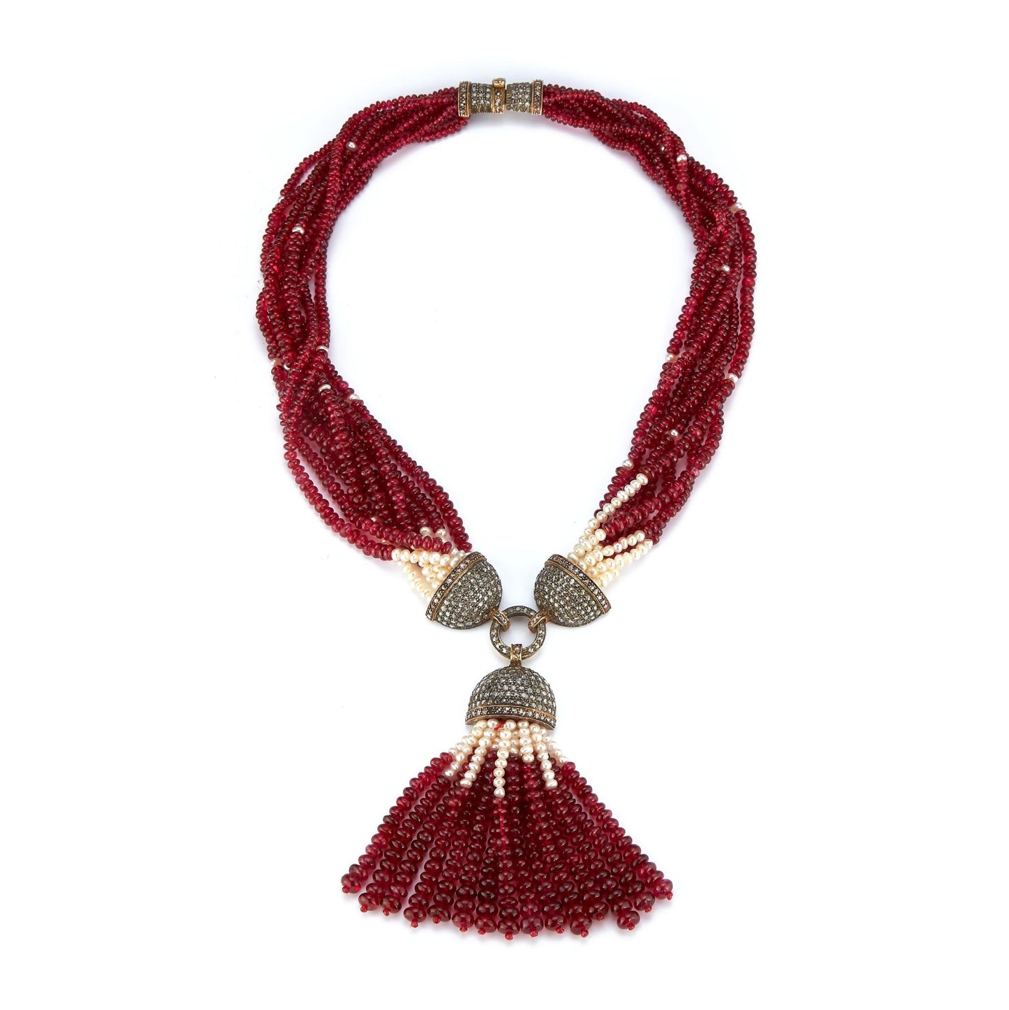 Spinel, Pearl & Diamond Multi Strand Tassel Necklace