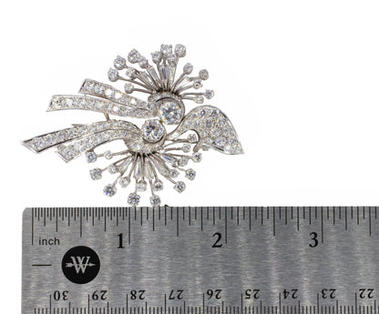 Mid-Century Platinum Diamond Spray and Ribbon Statement Brooch
