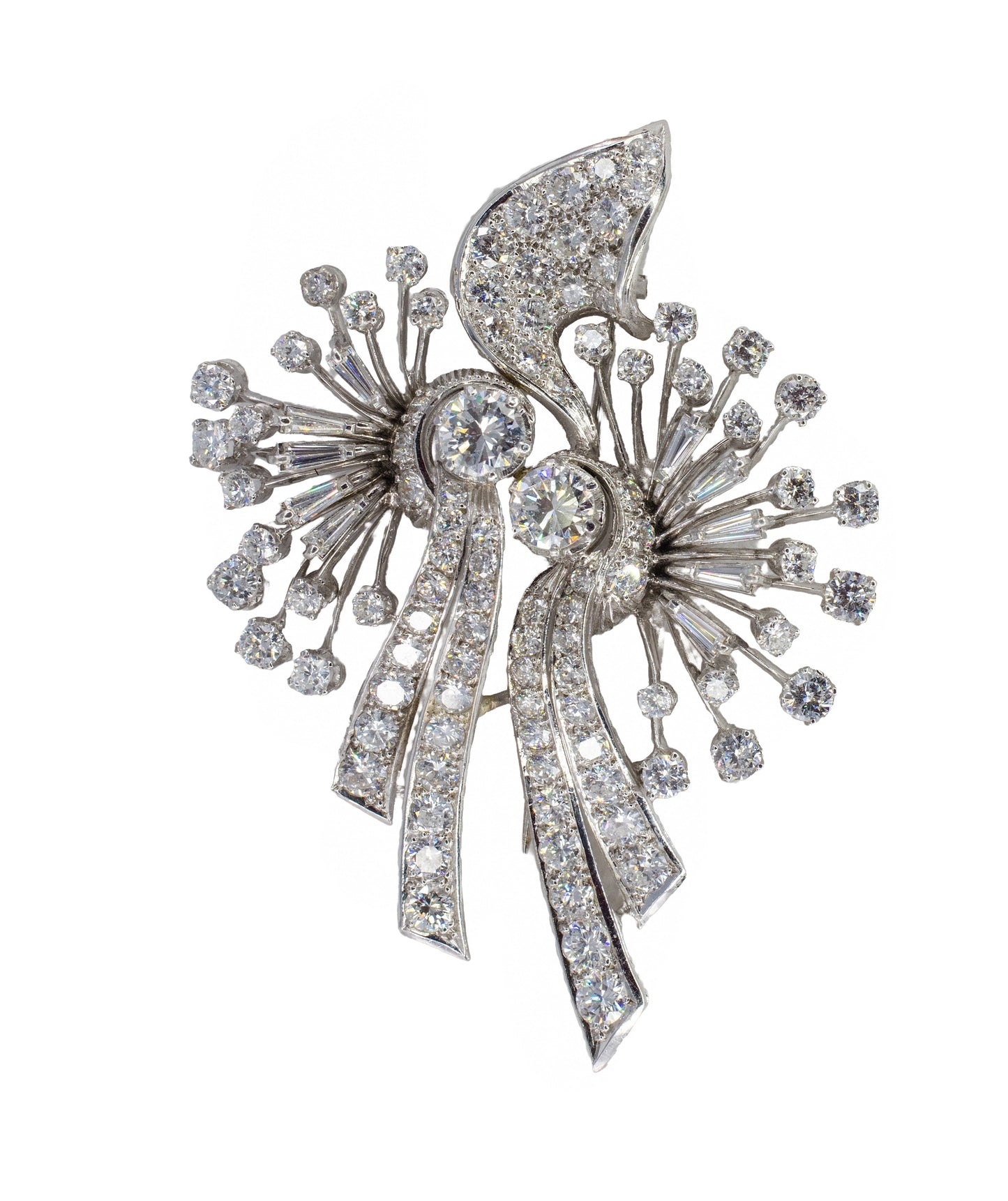Mid-Century Platinum Diamond Spray and Ribbon Statement Brooch