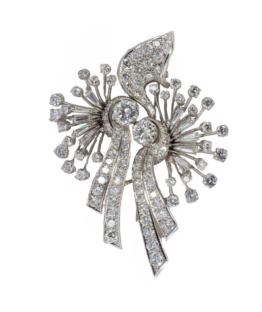 Mid-Century Platinum Diamond Spray and Ribbon Statement Brooch