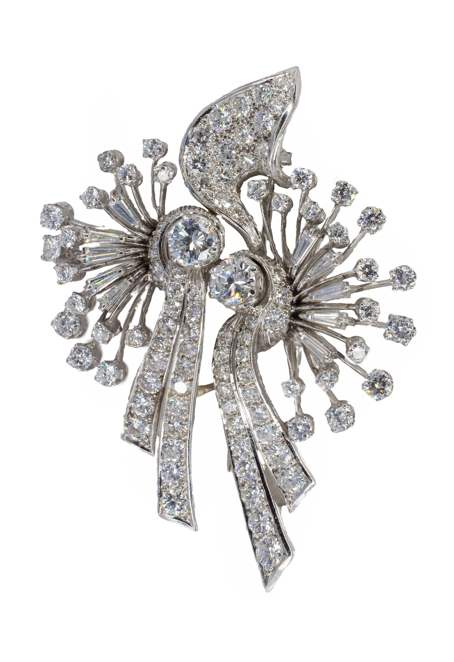Mid-Century Platinum Diamond Spray and Ribbon Statement Brooch