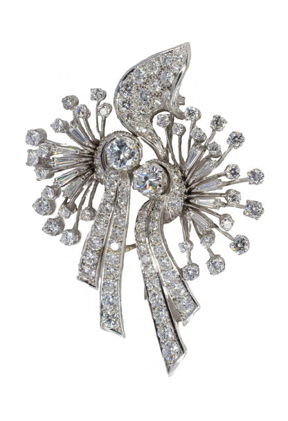 Mid-Century Platinum Diamond Spray and Ribbon Statement Brooch
