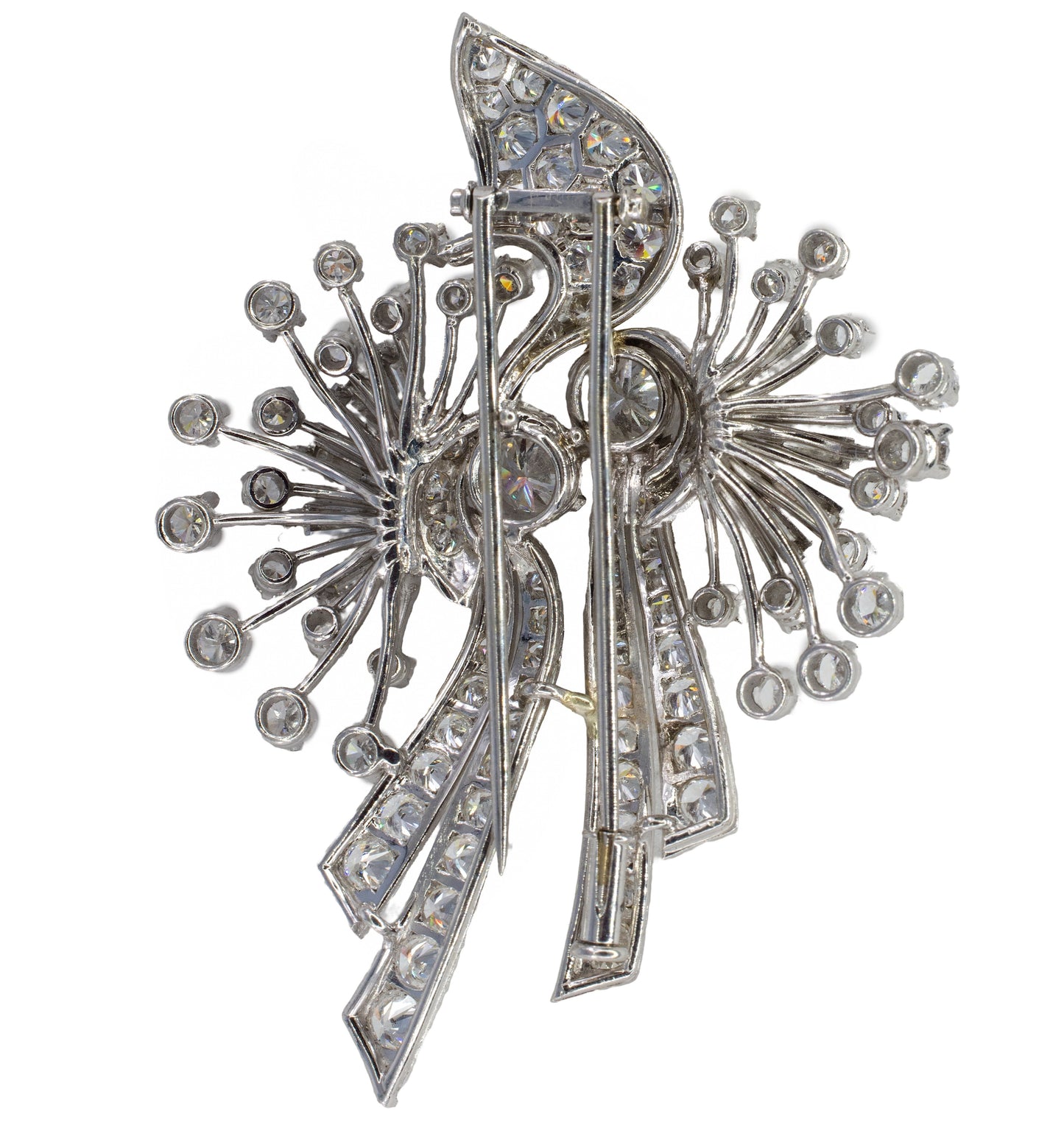 Mid-Century Platinum Diamond Spray and Ribbon Statement Brooch