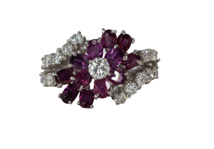 Ruby Flower and Diamond Multi-Row Ring