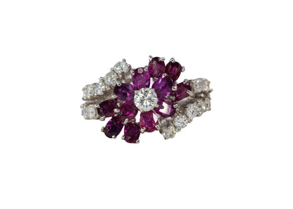 Ruby Flower and Diamond Multi-Row Ring