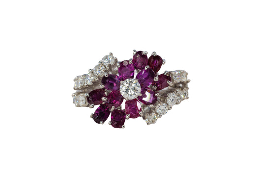 Ruby Flower and Diamond Multi-Row Ring